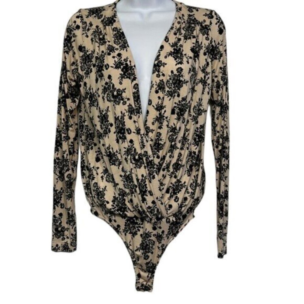 Intimately Free People Tan Black Long Sleeve Bodysuit Floral Small EUC #2273